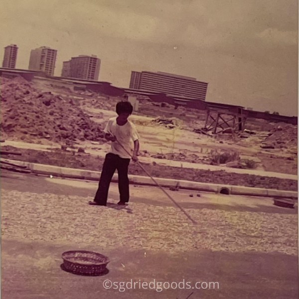 Man Drying Small Fish on Road in 1970s with New HDB in Background2