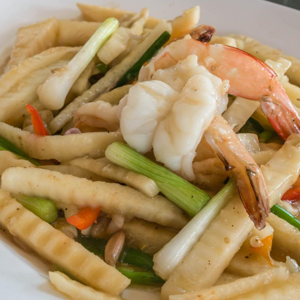 A plate of Stir Fry Bamboo Shoot with seafood